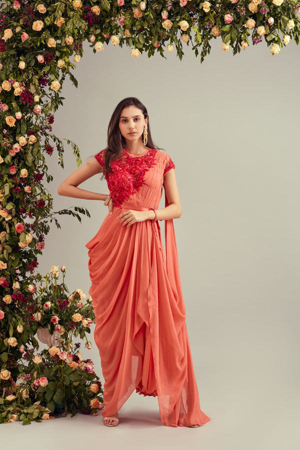 Peach Georgette Drape Dress